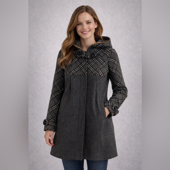 W-Ty Collection Plaid Black, yellow and Gray Pea Coat - Picture 1 of 6